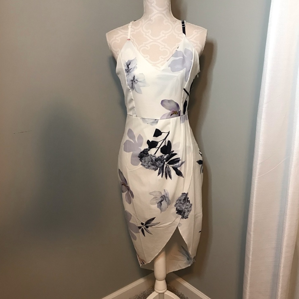 White floral spaghetti strap asymmetrical dress